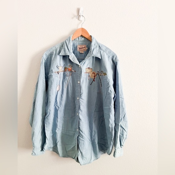 Vintage Woolrich Denim Button Down Embroidered Gardening Long Sleeve Shi… - Picture 1 of 6